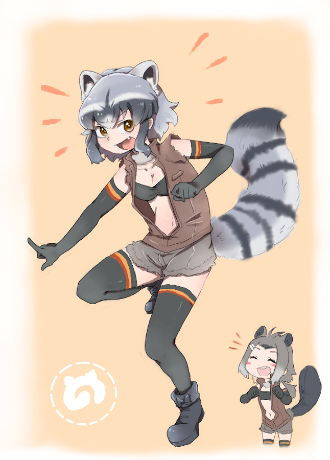 :d american_beaver_(kemono_friends) american_beaver_(kemono_friends)_(cosplay) animal_ears beaver_ears beaver_tail bra clenched_hands commentary common_raccoon_(kemono_friends) cosplay elbow_gloves eyebrows_visible_through_hair fang gloves grey_hair hair_ornament hairclip japari_symbol kemono_friends midriff multicolored_hair multiple_girls navel open_mouth peperon_(801mominoki) raccoon_ears raccoon_tail short_hair shorts smile tail thighhighs underwear vest