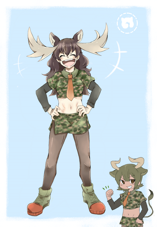 2girls :d ^_^ abs animal_ears antlers aurochs_(kemono_friends) aurochs_(kemono_friends)_(cosplay) blush boots brown_hair camouflage camouflage_shirt camouflage_skirt closed_eyes collared_shirt commentary_request cosplay crop_top eyebrows_visible_through_hair green_hair horns japari_symbol kemono_friends long_hair long_sleeves midriff moose_(kemono_friends) moose_ears multiple_girls navel necktie open_mouth pantyhose peperon_(801mominoki) shirt short_hair skirt smile