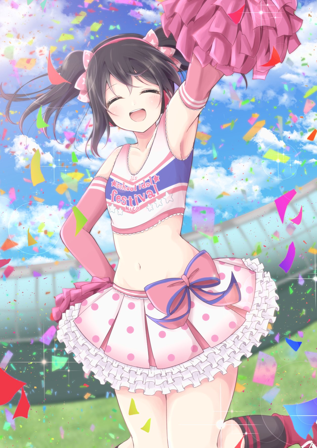 :d ^_^ armpits black_hair bow cheerleader chiro_(bocchiropafe) closed_eyes clothes_writing cloud cloudy_sky collarbone confetti copyright_name crop_top day elbow_gloves frilled_skirt frills gloves hair_bow hand_on_hip headphones highres love_live! love_live!_school_idol_festival love_live!_school_idol_project midriff miniskirt navel open_mouth pink_bow pink_gloves pink_skirt pleated_skirt polka_dot_skirt pom_poms print_bow shirt skirt sky sleeveless sleeveless_shirt smile solo sparkle star star_print takaramonozu twintails wireless yazawa_nico