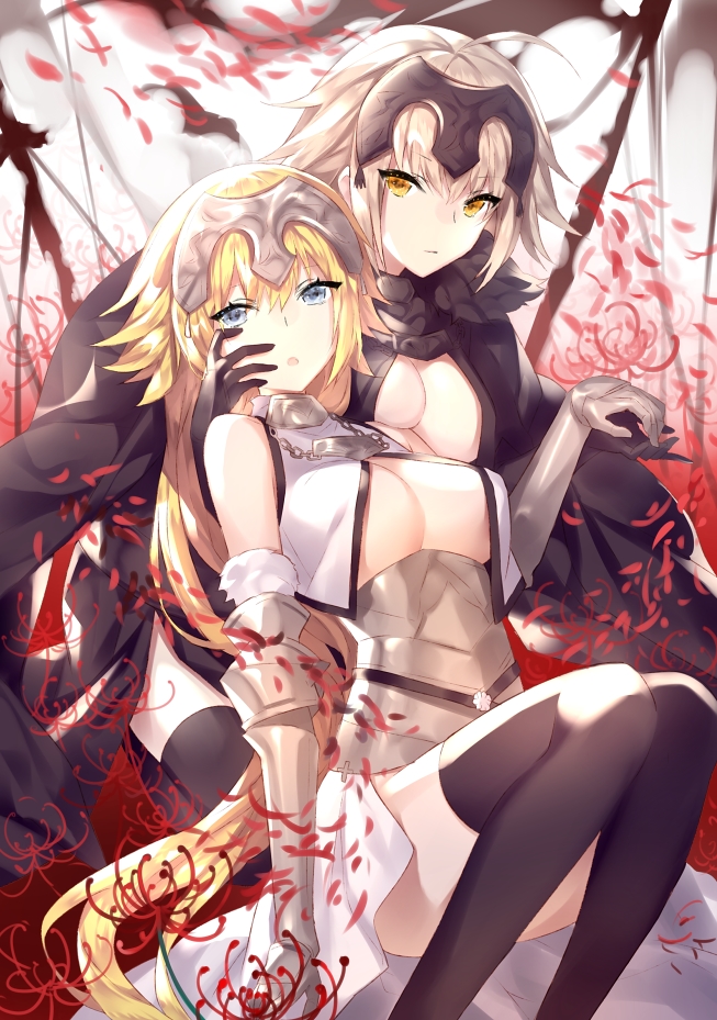 ahoge armor armored_dress bangs black_dress black_legwear blonde_hair blue_eyes breasts brown_eyes cleavage closed_mouth commentary_request dress eyebrows_visible_through_hair fate/apocrypha fate/grand_order fate_(series) flower gauntlets hair_between_eyes headpiece holding_hands jeanne_d'arc_(alter)_(fate) jeanne_d'arc_(fate) jeanne_d'arc_(fate)_(all) light_brown_hair long_hair looking_at_viewer medium_breasts multiple_girls parted_lips petals red_flower thighhighs touwa_nikuman very_long_hair white_dress