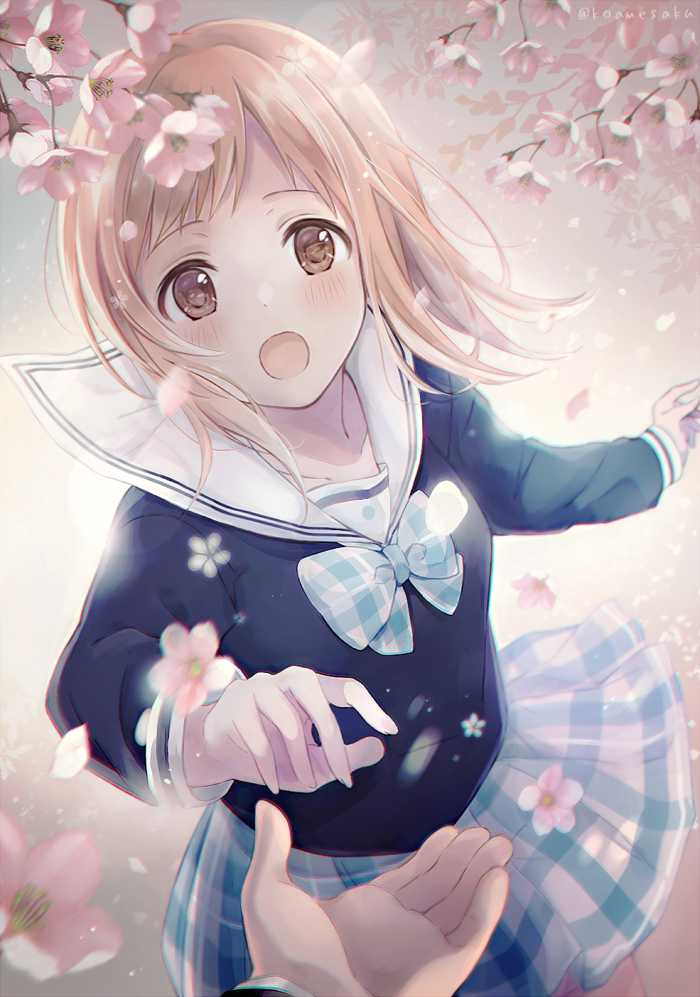 1girl blush bow brown_eyes cherry_blossoms flower hands idolmaster idolmaster_shiny_colors koame_saki light_brown_hair long_hair long_sleeves looking_at_viewer open_mouth out_of_frame petals pink_background producer_(idolmaster) sailor_collar sailor_collar_lift sakuragi_mano school_uniform simple_background wind