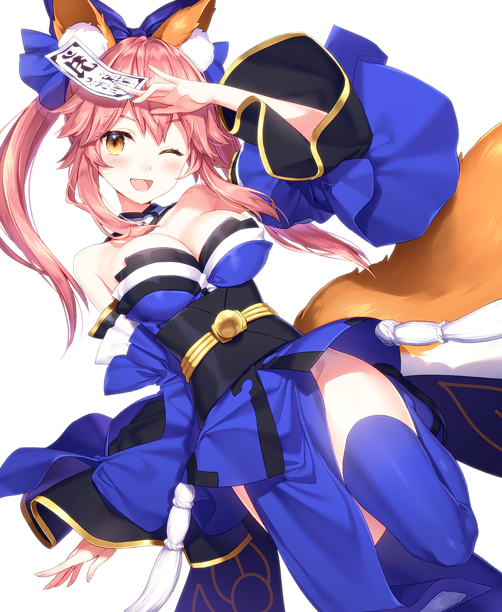 ;d animal_ears bare_shoulders blue_bow blue_kimono blue_legwear blush bow breasts cleavage commentary_request detached_collar detached_sleeves fangs fate/extra fate/grand_order fate_(series) fox_ears fox_tail groin hair_bow highres japanese_clothes kimono large_breasts leg_up long_hair looking_at_viewer masuishi_kinoto no_panties ofuda one_eye_closed open_mouth pink_hair simple_background smile solo standing standing_on_one_leg tail tamamo_(fate)_(all) tamamo_no_mae_(fate) twintails white_background wide_sleeves yellow_eyes