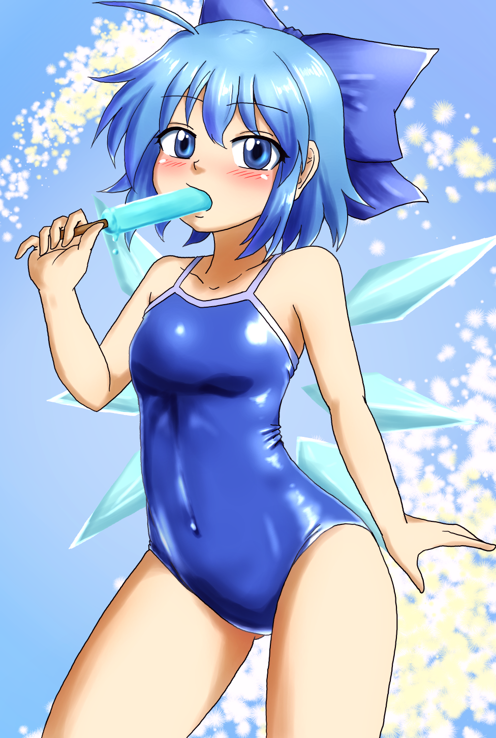 blue_background blue_eyes blue_hair blue_ribbon blue_swimsuit blue_wings bow breasts cirno competition_swimsuit d-m_(dii_emu) eating food hair_bow highres ice ice_wings one-piece_swimsuit popsicle ribbon school_swimsuit short_hair small_breasts smile snow solo swimsuit touhou wings