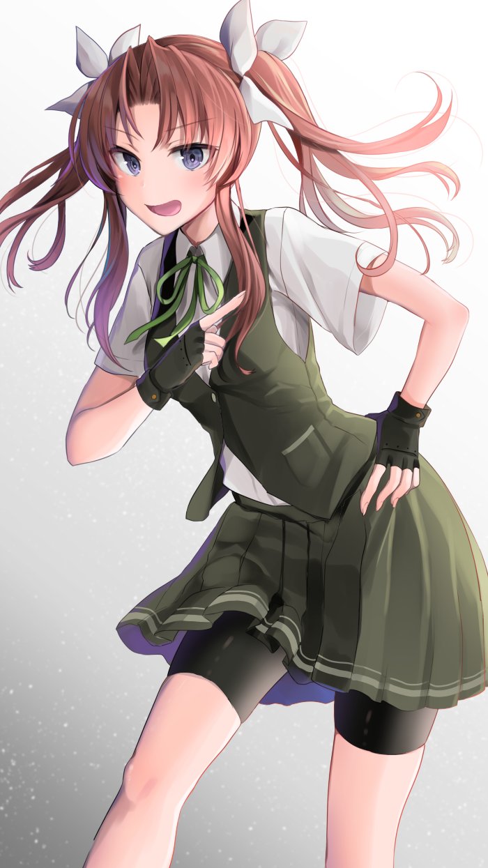 :d bad_id bad_twitter_id bike_shorts black_gloves brown_hair collared_shirt commentary eyebrows_visible_through_hair fingerless_gloves gloves green_neckwear green_ribbon green_skirt green_vest hair_ribbon hand_on_hip highres kagerou_(kantai_collection) kantai_collection leaning_forward long_hair looking_at_viewer neck_ribbon no_ahoge open_mouth pleated_skirt pocket pointing remodel_(kantai_collection) ribbon school_uniform shirt short_sleeves shorts shorts_under_skirt silver_eyes simple_background skirt smile solo twintails vest white_background white_ribbon white_shirt yunamaro