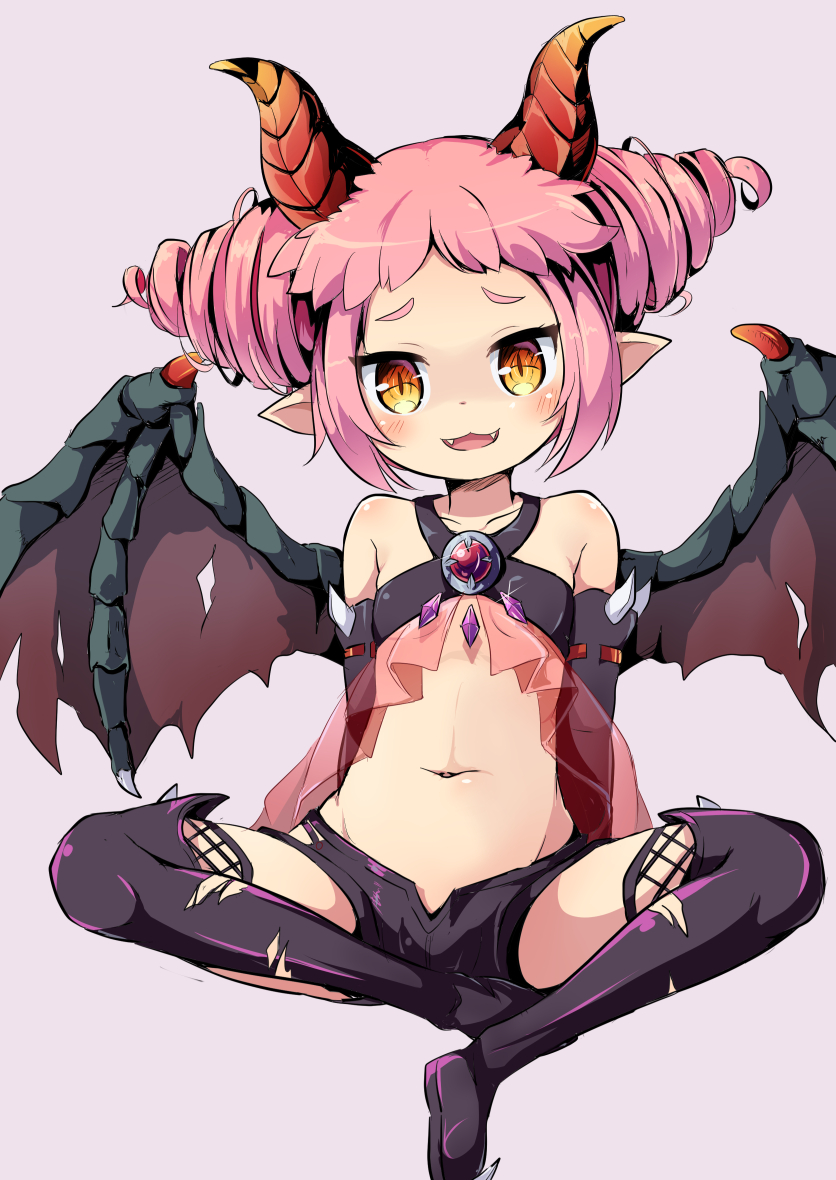 :3 :d bangs bare_shoulders black_footwear black_legwear black_shorts blush boots breasts brown_background brown_eyes brown_wings character_request collarbone demon_girl demon_horns demon_wings fangs forehead head_tilt horns maplestory maplestory_2 navel nekono_rin open_mouth pink_hair pointy_ears short_shorts shorts simple_background sitting small_breasts smile solo thigh_boots thighhighs wings