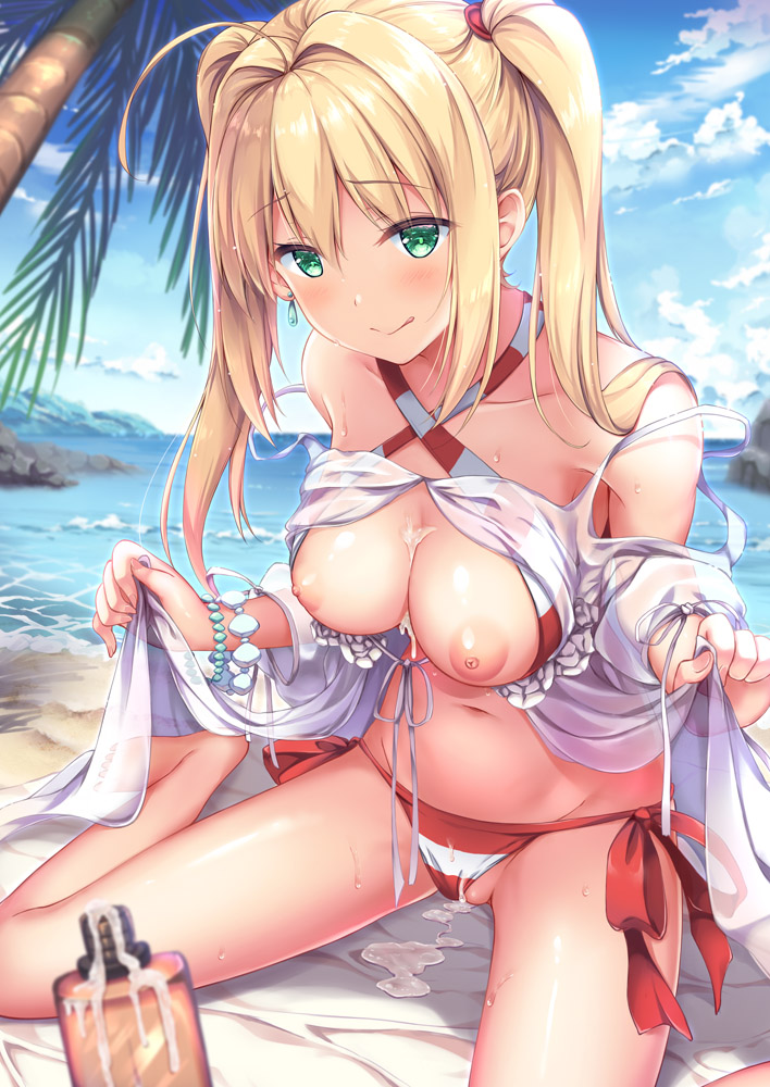 ahoge bangs bare_shoulders beach bead_bracelet beads bikini blonde_hair blush bracelet breasts breasts_outside collarbone commentary_request criss-cross_halter day dress earrings eyebrows_visible_through_hair fate/extra fate/grand_order fate_(series) gown green_eyes hair_intakes halterneck jewelry large_breasts licking_lips long_hair looking_at_viewer lotion lotion_bottle navel nero_claudius_(fate)_(all) nero_claudius_(swimsuit_caster)_(fate) nipples ocean outdoors palm_tree red_bikini seiza side-tie_bikini sitting smile striped striped_bikini swimsuit thighs tongue tongue_out tree twintails yuriko
