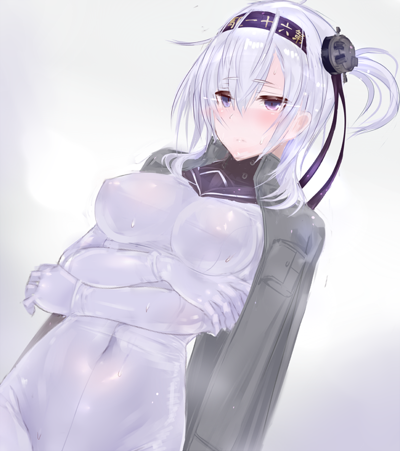 adapted_costume blush bodysuit breasts closed_mouth covered_navel covered_nipples crossed_arms dutch_angle grey_jacket hair_ornament headband jacket jacket_on_shoulders kantai_collection large_breasts looking_at_viewer medium_hair purple_eyes sailor_collar see-through side_ponytail silver_hair skin_tight solo suzutsuki_(kantai_collection) uni96_(uknee96) white_bodysuit