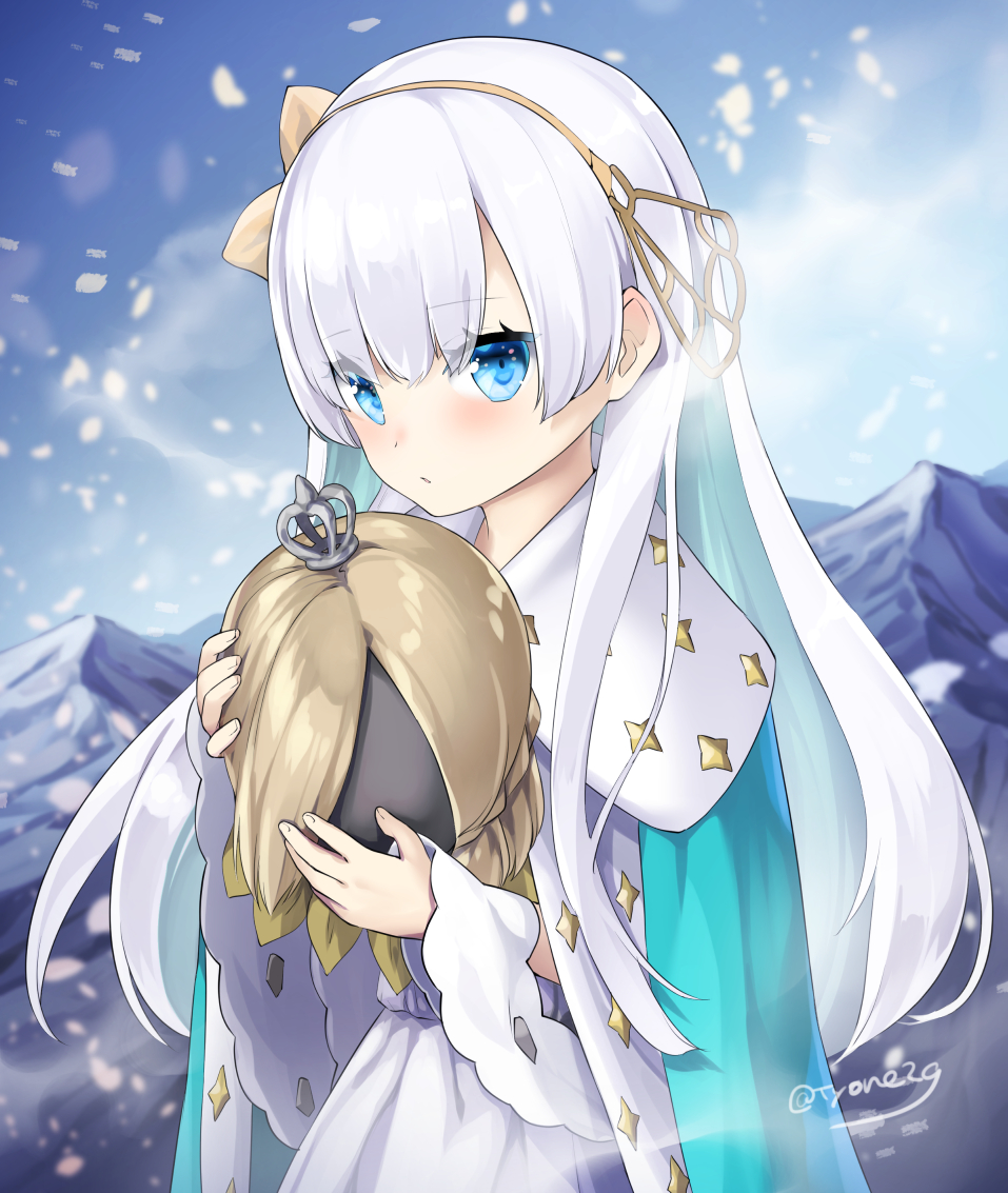 anastasia_(fate/grand_order) bangs blue_cloak blue_eyes blue_sky brown_hairband brown_ribbon cloak commentary crown day dress eyebrows_visible_through_hair fate/grand_order fate_(series) fingernails hair_ribbon hairband light_brown_hair long_hair looking_at_viewer mini_crown mountain outdoors ribbon silver_hair sky snowing solo twitter_username tyone upper_body very_long_hair white_dress
