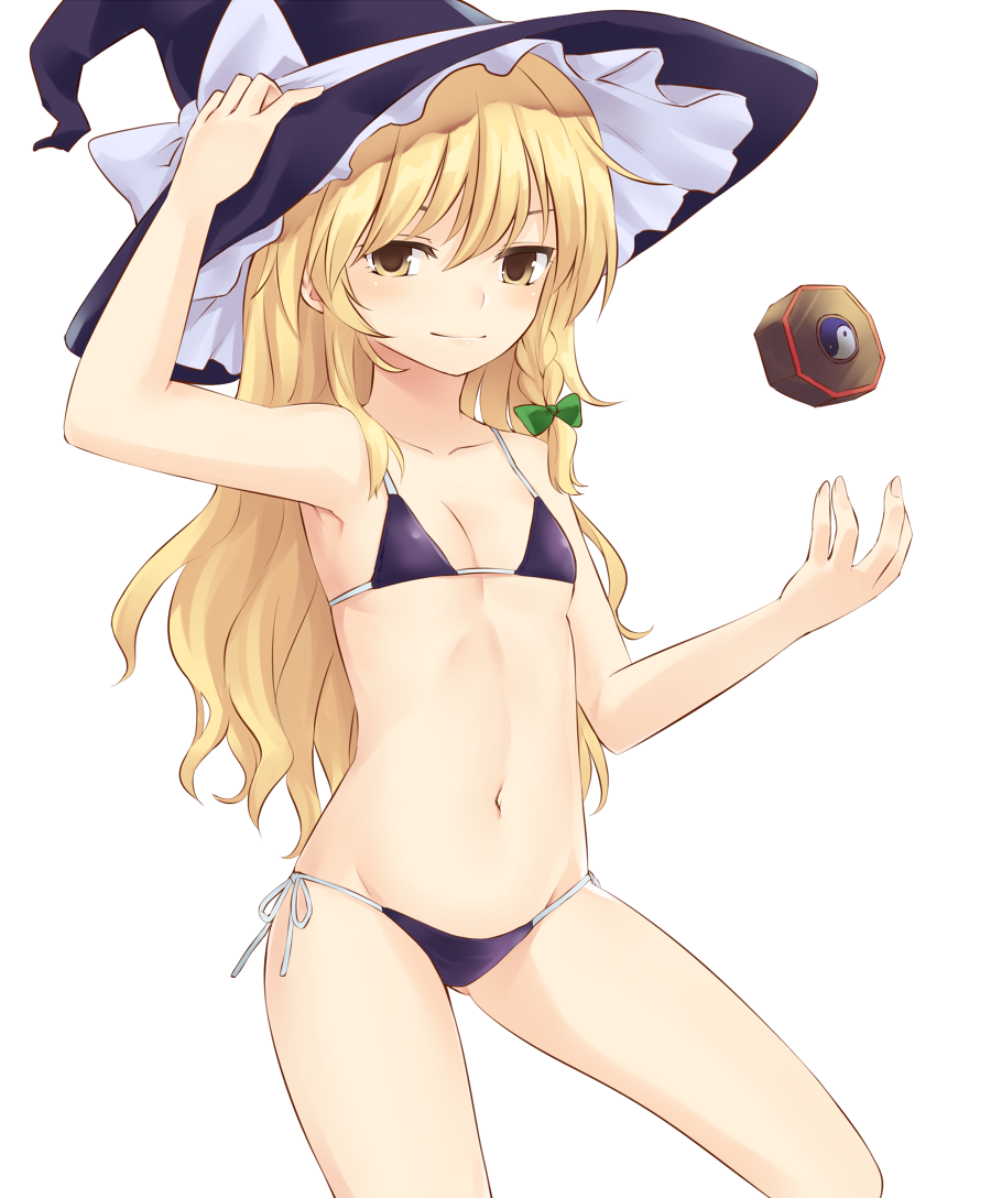 bare_arms bare_shoulders bikini black_bikini blonde_hair bow braid breasts collarbone commentary_request cowboy_shot green_bow hair_bow hand_on_headwear hand_up hat hat_bow kirisame_marisa looking_at_viewer micro_bikini mini-hakkero miyo_(ranthath) navel side-tie_bikini simple_background single_braid small_breasts smile solo standing stomach swimsuit touhou white_background white_bow witch_hat yellow_eyes