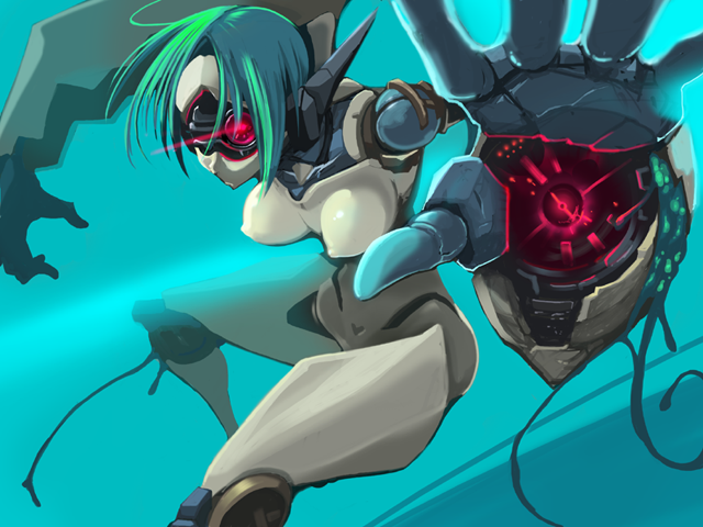 1girl blue_background cyan_hair cyclops glowing_eye jaide_(mon-musu_quest!) mecha_musume mon-musu_quest! monster_girl outstretched_arms red_eye robot short_hair tagme xelvy