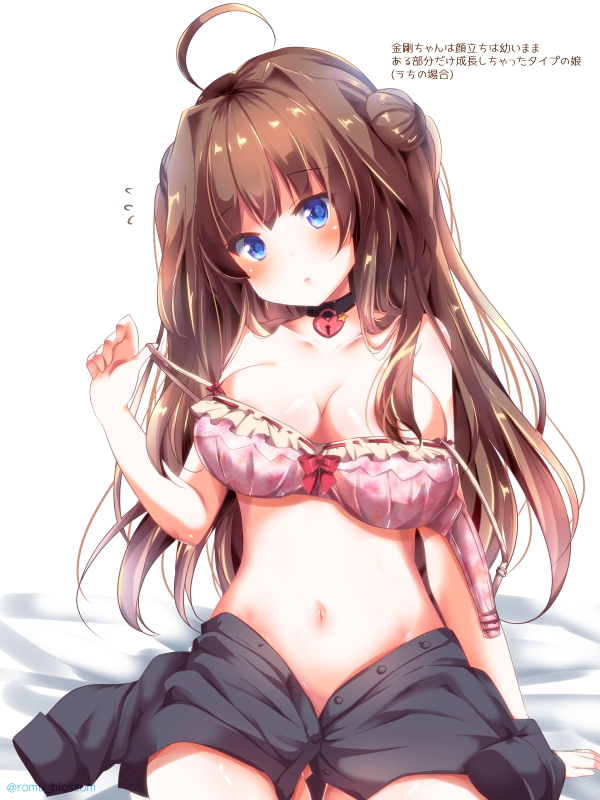 ahoge blue_eyes bra breasts brown_hair choker cleavage kantai_collection kongou_(kantai_collection) large_breasts nanoha-h navel no_pants no_shirt off_shoulder pink_bra solo star strap_pull translation_request underwear unfastened