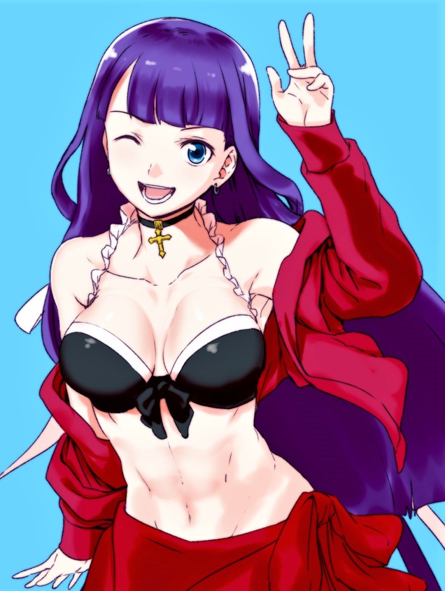 ;d aoba_(smartbeat) armpits bangs bare_shoulders bikini_top black_bikini_top black_ribbon blue_background blue_eyes blunt_bangs blush breasts cleavage collarbone cross_choker earrings fate/grand_order fate_(series) front-tie_bikini front-tie_top jacket jewelry long_hair long_sleeves looking_at_viewer medium_breasts navel off_shoulder one_eye_closed open_clothes open_jacket open_mouth purple_hair red_jacket red_ribbon ribbon saint_martha saint_martha_(swimsuit_ruler)_(fate) sarong simple_background smile solo straight_hair toned upper_body very_long_hair