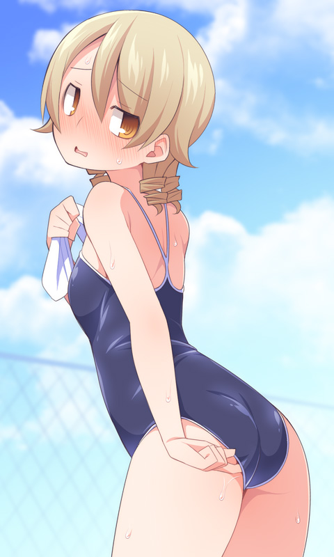 adjusting_clothes adjusting_swimsuit ass bangs bare_arms bare_shoulders black_swimsuit blue_sky blush breasts brown_eyes chain-link_fence cloud commentary_request competition_school_swimsuit cowboy_shot day eyebrows_visible_through_hair fence hair_between_eyes head_tilt idolmaster idolmaster_cinderella_girls light_brown_hair long_hair looking_at_viewer looking_back morikubo_nono nose_blush one-piece_swimsuit outdoors parted_lips ringlets sky small_breasts solo sweat swimsuit ushi wet