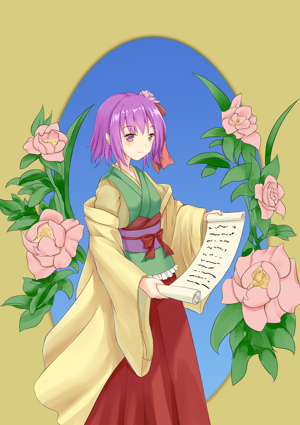 bangs blue_background chinese_commentary closed_mouth commentary_request ear eyebrows_visible_through_hair eyelashes feet_out_of_frame flower frills green_kimono hair_flower hair_ornament hakama hieda_no_akyuu highres holding_scroll huanxiang_xiangde_xiaoyue japanese_clothes kimono layered_clothing leaf light_blush light_smile long_sleeves looking_at_viewer obi pink_flower pink_rose purple_eyes purple_hair red_hakama red_ribbon ribbon rose sash scroll short_hair solo standing touhou two-tone_background wide_sleeves yellow_background yellow_kimono yukata