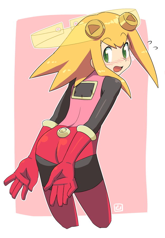 alternate_costume ass bent_over blonde_hair blush bodysuit commentary_request cosplay elbow_gloves embarrassed eyebrows_visible_through_hair gloves green_eyes legs_apart looking_at_viewer looking_back muu_(mumumer) open_mouth red_gloves rockman rockman_dash rockman_exe roll_caskett roll_exe roll_exe_(cosplay) sidelocks solo thighhighs