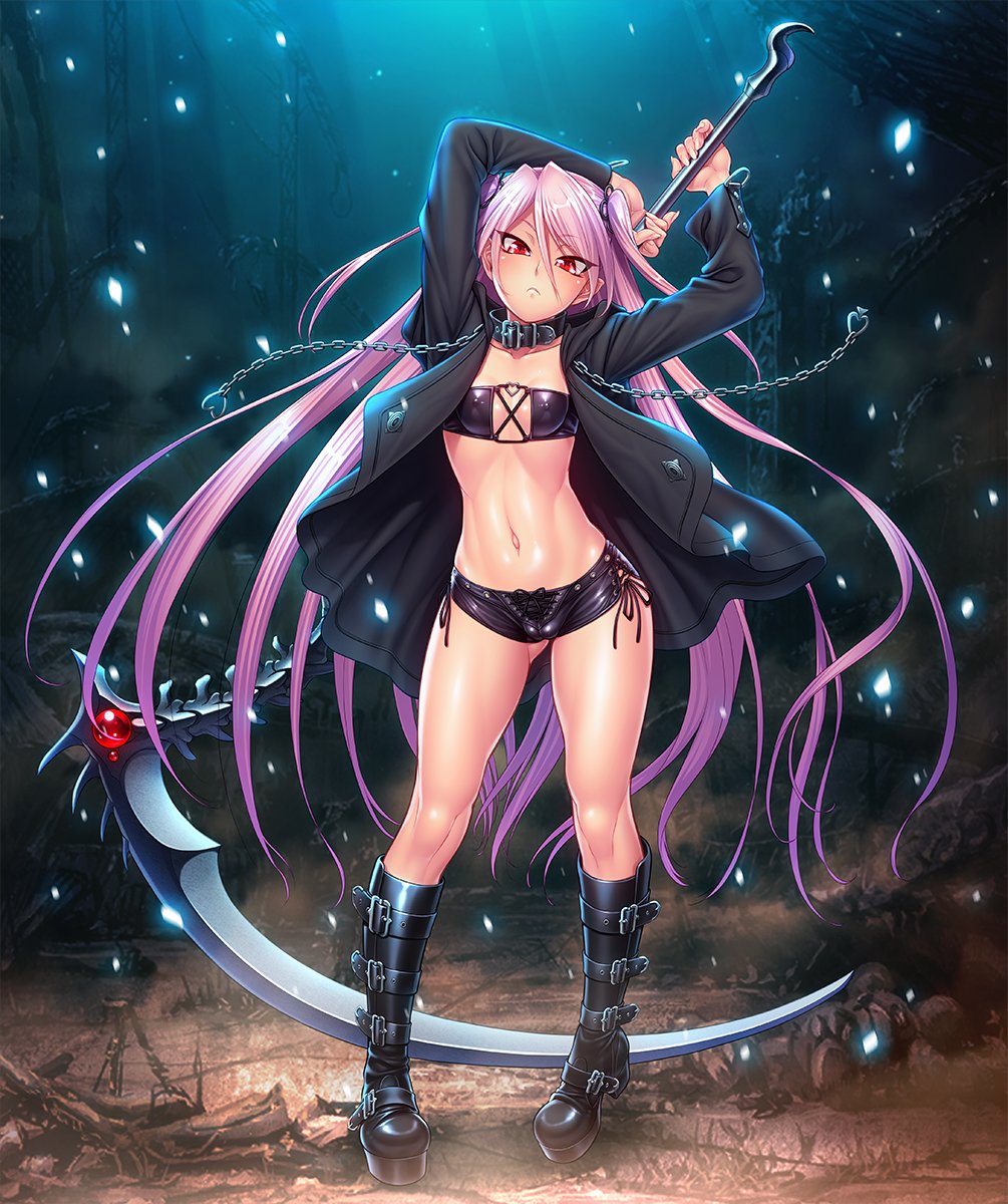 1girl boots breasts chains collar curvy feet felicia_(taimanin_kurenai) female full_body gluteal_fold holding holding_weapon lilith-soft long_hair looking_at_viewer navel nipples partially_visible_vulva pink_hair red_eyes scythe shiny_skin short_shorts shorts small_breasts solo taimanin_(series) taimanin_asagi_battle_arena taimanin_kurenai twintails very_long_hair weapon zol