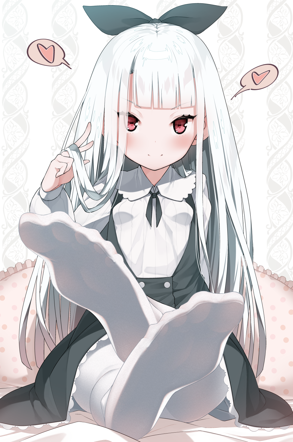 bane_(haibanemumi) bangs blunt_bangs blush breasts closed_mouth crossed_legs dress feet frilled_dress frills hair_ribbon hand_in_hair heart highres long_hair no_shoes on_bed original pantyhose pillow pov_feet ribbon sitting sitting_on_bed small_breasts soles solo speech_bubble straight_hair wallpaper_(object) white_hair white_legwear