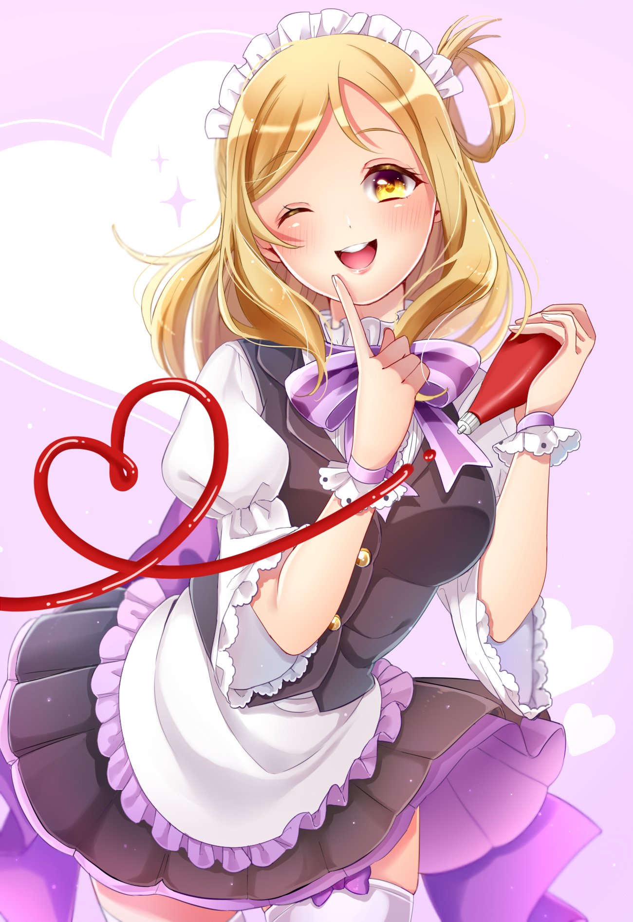 ;d apron black_vest blonde_hair blush bow bowtie commentary_request finger_to_cheek frilled_apron frilled_shirt_collar frills hair_rings heart highres ketchup ketchup_bottle love_live! love_live!_sunshine!! maid maid_headdress ohara_mari one_eye_closed open_mouth purple_neckwear purple_sash sash shuga_(0329tixi) smile solo sparkle squeeze_bottle squirting striped striped_neckwear vest waist_apron wrist_cuffs yellow_eyes