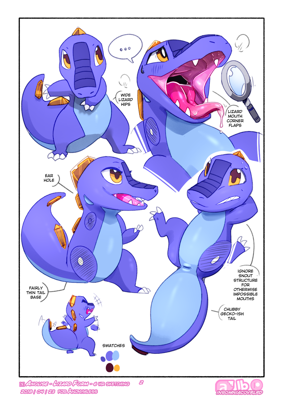 ... animal_genitalia anolise big_mouth blue_scales cloaca female feral gem horizontal_cloaca insomniacovrlrd lizard magnifying_glass model_sheet multiple_poses open_mouth orange_eyes pose purple_scales reptile saliva scales scalie solo spread_legs spreading sweat text thick_tail