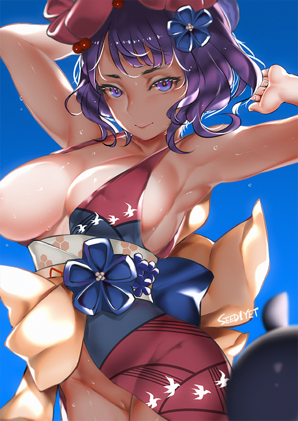 armpits arms_up artist_name banned_artist blue_background breasts commentary_request fate/grand_order fate_(series) flower hair_flower hair_ornament japanese_clothes katsushika_hokusai_(fate/grand_order) kimono large_breasts looking_at_viewer no_panties obi octopus one_breast_out purple_eyes purple_hair pussy sash shiny shiny_hair shiny_skin short_hair simple_background solo sweat tokitarou_(fate/grand_order) uncensored viola_(seed) wavy_hair