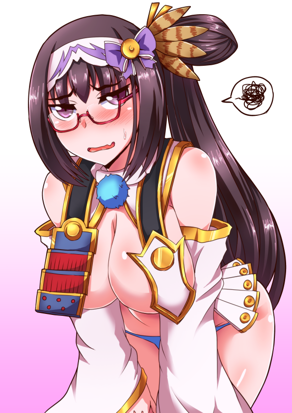 armor bare_shoulders bent_over blue_panties blush body_blush bow breasts brown_hair cleavage cosplay detached_sleeves dress eyebrows_visible_through_hair fang fate/grand_order fate_(series) feathers glasses hair_bow hair_feathers half-closed_eyes ikue_fuuji japanese_armor large_breasts long_hair long_sleeves nose_blush osakabe-hime_(fate/grand_order) panties pom_pom_(clothes) purple_bow purple_eyes red_dress revealing_clothes semi-rimless_eyewear shiny shiny_skin showgirl_skirt solo spoken_squiggle squiggle standing sweat two-tone_background under-rim_eyewear underwear ushiwakamaru_(fate/grand_order) ushiwakamaru_(fate/grand_order)_(cosplay) very_long_hair wide_sleeves