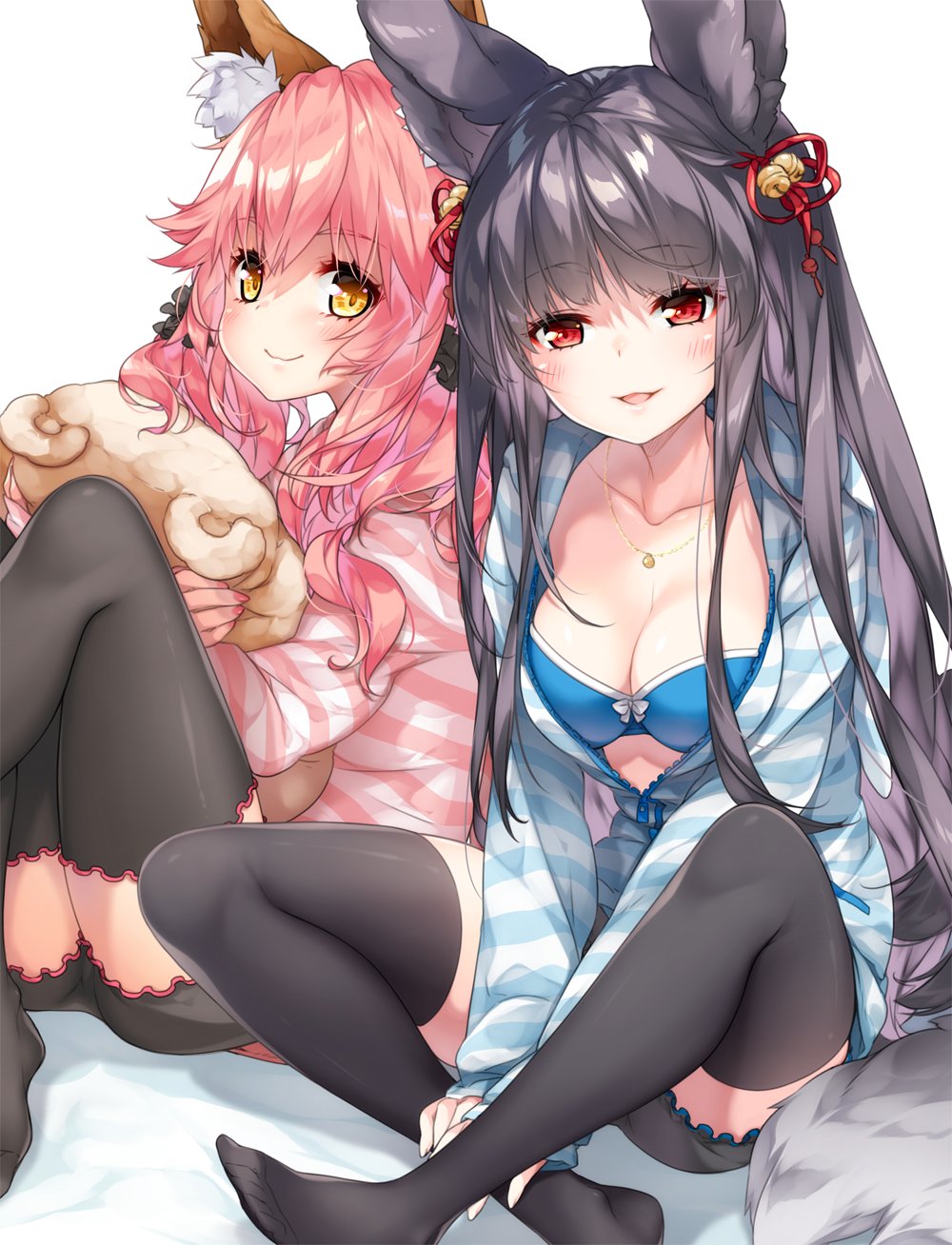 alternate_costume animal_ears bangs bell black_hair black_legwear black_scrunchie blue_bra blush bra breasts cleavage collarbone commentary contemporary crossover erune eyebrows_visible_through_hair fate/extra fate/grand_order fate_(series) fox_ears fox_tail granblue_fantasy hair_bell hair_ornament highres jewelry long_hair looking_at_viewer loungewear matching_outfit medium_breasts multiple_girls nail_polish necklace no_shoes object_hug parted_lips pink_hair pink_nails red_eyes reina_(black_spider) scrunchie smile striped striped_hoodie stuffed_toy tail tamamo_(fate)_(all) tamamo_no_mae_(fate) thighhighs underwear white_background yellow_eyes yuel_(granblue_fantasy)
