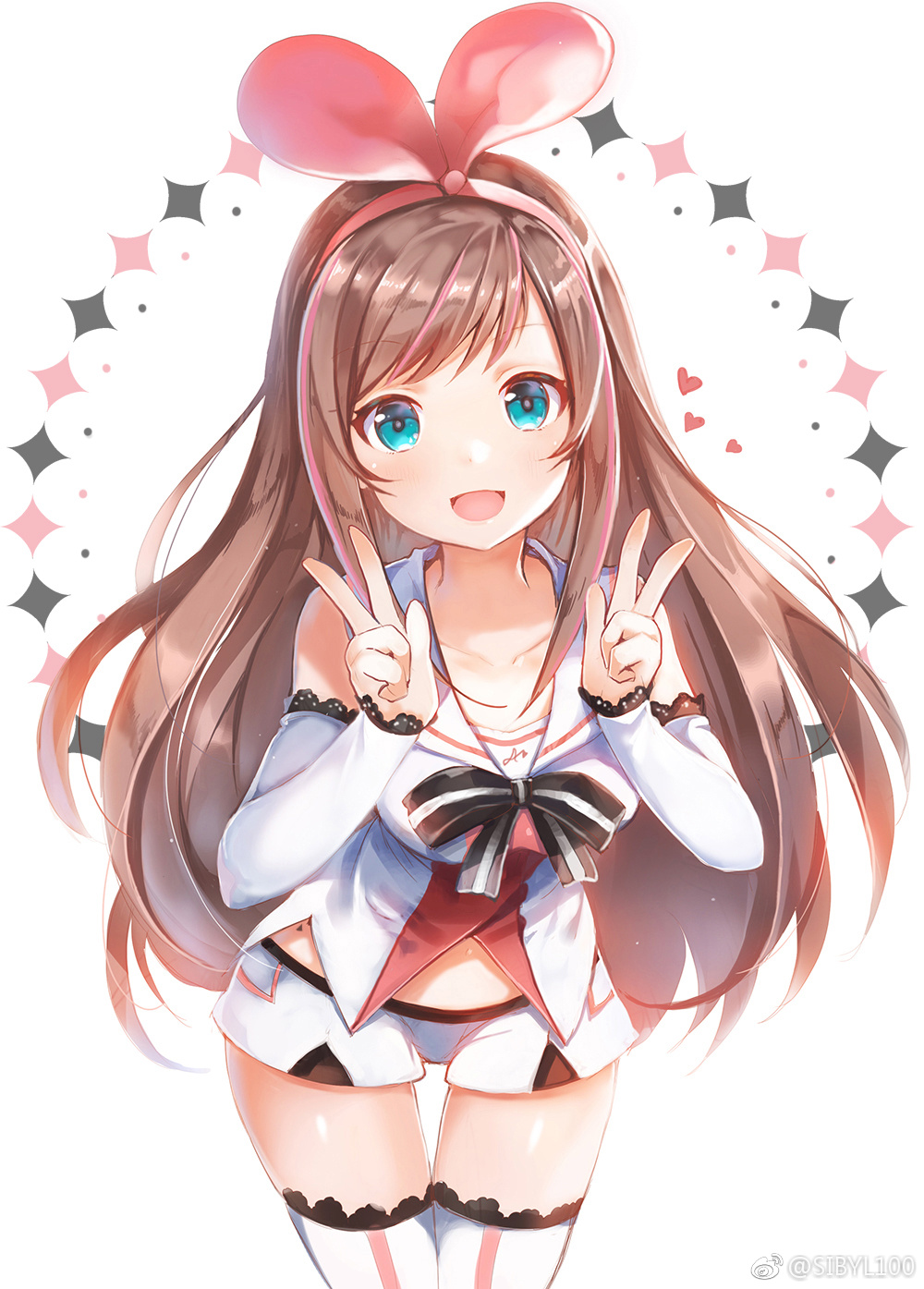 :d a.i._channel blush bow brown_hair detached_sleeves double_w green_eyes hair_bow hairband hands_up highres kizuna_ai leaning_forward long_hair looking_at_viewer open_mouth pink_bow short_shorts shorts sibyl sleeveless smile solo standing thigh_gap thighhighs vest w weibo_username white_background white_legwear white_vest