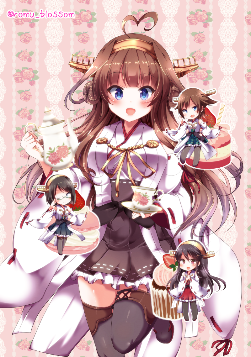 :d adjusting_eyewear ahoge black_hair black_legwear blue_eyes blush boots brown_hair cake chibi cup cupcake detached_sleeves food fruit hair_ornament hairband hairclip hand_on_hip hands_together haruna_(kantai_collection) heart_ahoge hiei_(kantai_collection) kantai_collection kirishima_(kantai_collection) kongou_(kantai_collection) long_hair looking_at_viewer macaron minigirl multiple_girls nanoha-h nontraditional_miko open_mouth pink_eyes remodel_(kantai_collection) saucer short_hair smile strawberry teacup teapot thigh_boots thighhighs wide_sleeves
