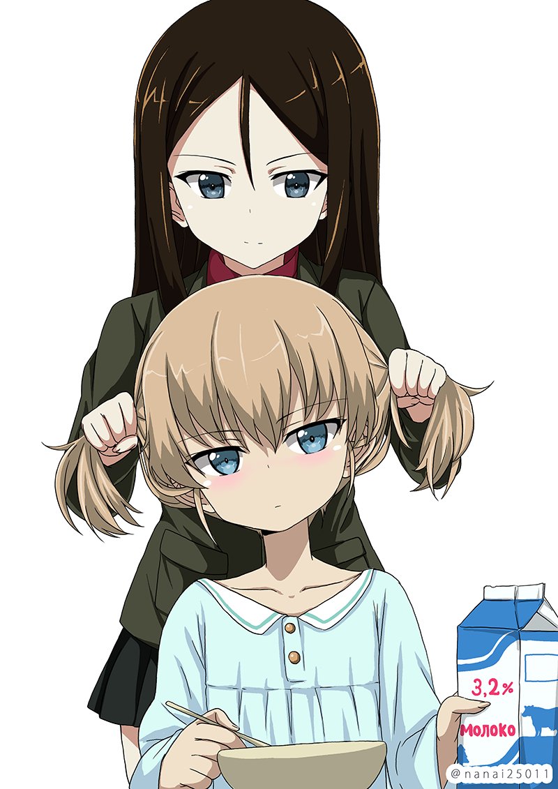 :| adjusting_another's_hair bangs black_hair black_skirt blonde_hair blue_eyes blue_hair blush bowl brown_hair bunching_hair closed_mouth collarbone commentary commentary_request eyebrows_visible_through_hair girls_und_panzer green_jacket green_shirt head_tilt holding holding_another's_hair holding_spoon jacket katyusha long_hair long_sleeves milk milk_carton miniskirt multiple_girls nonna pajamas partial_commentary pleated_skirt pravda_school_uniform red_shirt school_uniform shibagami shirt short_twintails signature simple_background sitting skirt spoon standing swept_bangs turtleneck twintails twitter_username