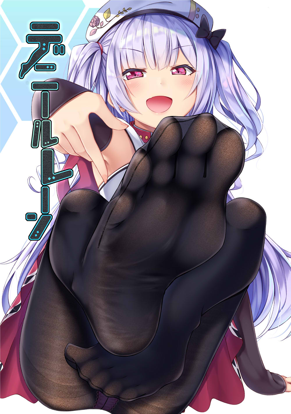 ajax_(azur_lane) arm_support armpit_peek azur_lane bangs beret black_legwear blush bow capelet commentary_request detached_sleeves eyebrows_visible_through_hair fang feet fine_fabric_emphasis gurande_(g-size) hair_bow hair_tie half-closed_eyes hat highres lace lace-trimmed_panties leg_up long_hair long_sleeves looking_at_viewer no_shoes open_mouth panties pantyhose pantyshot pantyshot_(sitting) pointing purple_hair purple_panties red_eyes red_skirt remodel_(azur_lane) sidelocks simple_background sitting skirt sleeves_past_wrists smile soles solo thighband_pantyhose thighs translation_request tsurime two_side_up underwear white_background white_capelet white_hat