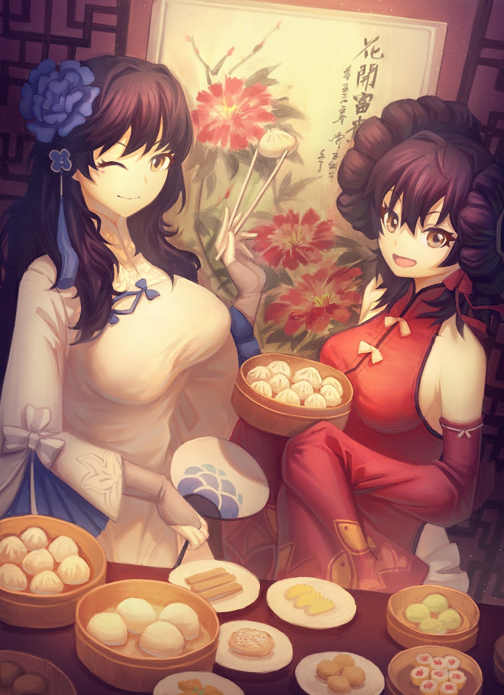 bamboo_steamer bangs baozi bare_shoulders black_hair blue_flower bow breasts brown_eyes china_dress chinese_clothes chopsticks detached_sleeves dim_sum double_bun dress dumpling elbow_gloves fan fingerless_gloves flower food girls_frontline gloves gooster hair_between_eyes hair_bun hair_flower hair_ornament hair_ribbon highres holding holding_chopsticks jiaozi large_breasts left-handed long_hair multiple_girls one_eye_closed open_mouth painting plate qbz-95_(girls_frontline) qbz-97_(girls_frontline) red_dress ribbon shumai_(food) siblings sidelocks sisters sleeves_past_fingers sleeves_past_wrists smile white_dress