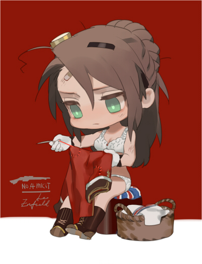 asymmetrical_bangs bangs bare_arms bare_shoulders basket boots bra braid breasts bright_pupils brown_footwear brown_hair character_name chibi cleavage closed_mouth commentary_request cross-laced_footwear french_braid frown full_body girls_frontline gloves green_eyes hair_between_eyes hair_ornament hands_up holding holding_clothes holding_sewing_needle knee_boots lee-enfield_(girls_frontline) long_hair looking_down medium_breasts messy_hair needle panties rei_(sanbonzakura) serious sewing sewing_needle sitting solo thread underwear underwear_only white_bra white_gloves white_panties white_pupils
