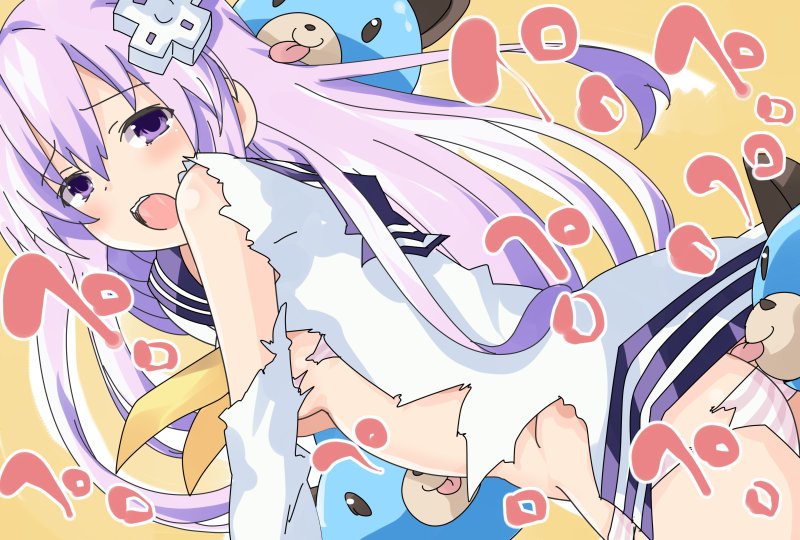 blush breasts butt_crack commentary_request d-pad d-pad_hair_ornament dogoo dress from_behind hair_ornament iwasi-r licking long_hair looking_at_viewer looking_back nepgear neptune_(series) open_mouth panties purple_eyes purple_hair sideboob small_breasts solo torn_clothes torn_dress torn_panties underwear