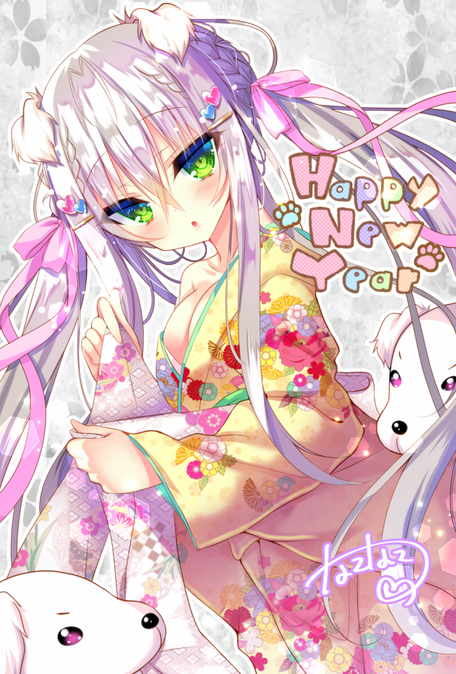2018 :o animal animal_ears bangs blush chinese_zodiac commentary_request dog dog_ears dutch_angle eyebrows_visible_through_hair floral_print green_eyes hair_between_eyes hair_ornament hair_ribbon hairclip happy_new_year heart heart_hair_ornament japanese_clothes kimono long_hair looking_at_viewer looking_to_the_side nae-nae nengajou new_year obi original parted_lips pink_ribbon print_kimono ribbon sash sidelocks signature silver_hair solo twintails very_long_hair year_of_the_dog yellow_kimono