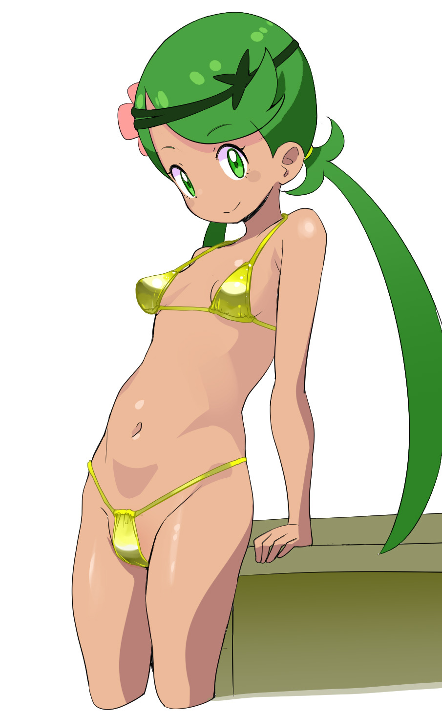 bare_shoulders bikini blush blush_stickers breasts cropped_legs dark_skin flower green_eyes green_hair hair_flower hair_ornament hair_tie headband highres long_hair looking_at_viewer mao_(pokemon) navel ookamiuo pink_flower pokemon pokemon_(game) pokemon_sm shiny shiny_skin simple_background small_breasts smile solo standing swimsuit tied_hair trial_captain twintails white_background yellow_bikini