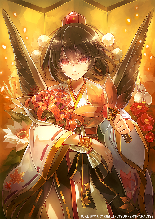 &gt;:) 60mai alternate_costume black_hair bouquet bracelet commentary_request cowboy_shot eyebrows_visible_through_hair fan flower hair_between_eyes hat holding holding_fan holding_flower japanese_clothes jewelry kimono kourindou_tengu_costume leaf_fan leaf_print long_sleeves looking_at_viewer obi pom_pom_(clothes) red_eyes red_flower red_sash sash shameimaru_aya short_hair solo standing tassel tokin_hat touhou translation_request v-shaped_eyebrows white_flower white_kimono wide_sleeves