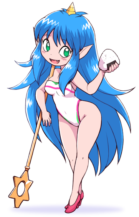 :d bangs bare_arms bare_shoulders blue_hair blush breasts cameltoe covered_navel covered_nipples crossed_legs eyebrows eyebrows_visible_through_hair fangs food full_body green_eyes groin high_heels holding holding_food horn long_hair medium_breasts momotarou_densetsu nollety one-piece_swimsuit oni oni_horns onigiri open_mouth pink_footwear pointy_ears shadow shoes sidelocks simple_background smile solo staff standing swimsuit very_long_hair watson_cross white_background white_swimsuit yasha