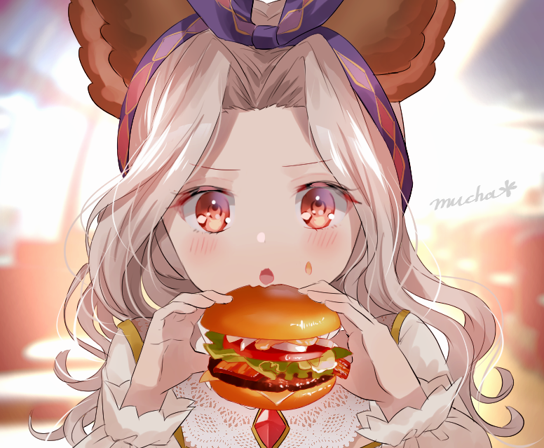 :o animal_ears bangs blush brooch cat_ears eating erune food food_on_face granblue_fantasy hair_intakes hamburger head_scarf holding jewelry long_hair long_sleeves myusha open_mouth parted_bangs red_eyes scathacha_(granblue_fantasy) signature silver_hair solo upper_body