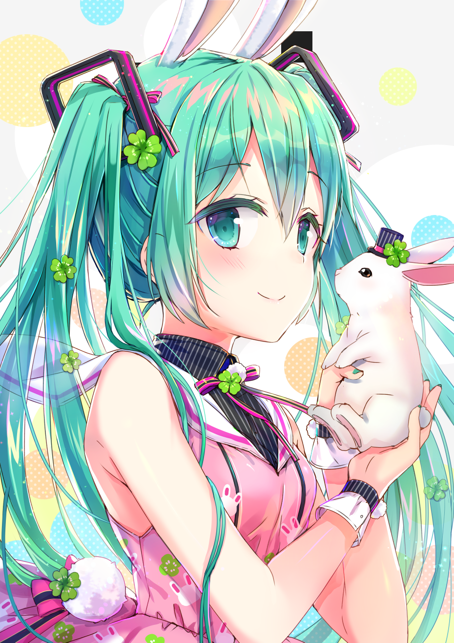 abstract_background animal animal_ears aqua_eyes aqua_hair bangs bare_shoulders black_hat blush bunny bunny_ears bunny_tail closed_mouth clover clover_hair_ornament colored_eyelashes dress eyebrows_visible_through_hair four-leaf_clover four-leaf_clover_hair_ornament green_nails hair_ornament hat hatsune_miku highres holding holding_animal jin_young-in long_hair looking_at_viewer mini_hat mini_top_hat nail_polish neck_ribbon pink_dress pink_neckwear pink_ribbon pom_pom_(clothes) ribbon shiny shiny_hair sleeveless sleeveless_dress smile solo tail top_hat twintails two-handed upper_body vertical-striped_hat very_long_hair vocaloid wrist_cuffs