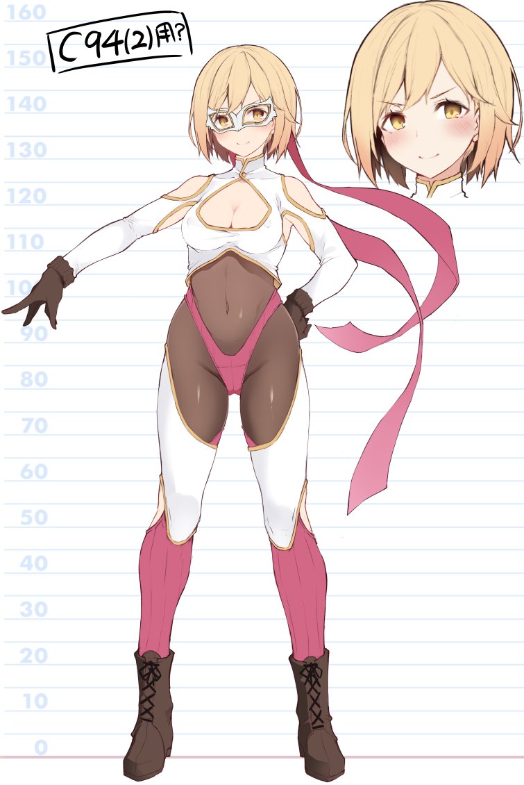 blonde_hair blush boots breasts brown_footwear brown_gloves cleavage cleavage_cutout commentary_request covered_navel covered_nipples djeeta_(granblue_fantasy) eyebrows_visible_through_hair gloves granblue_fantasy leotard looking_at_viewer mask medium_breasts nanahara_fuyuki see-through short_hair wrestler_(granblue_fantasy) wrestling_mask wrestling_outfit