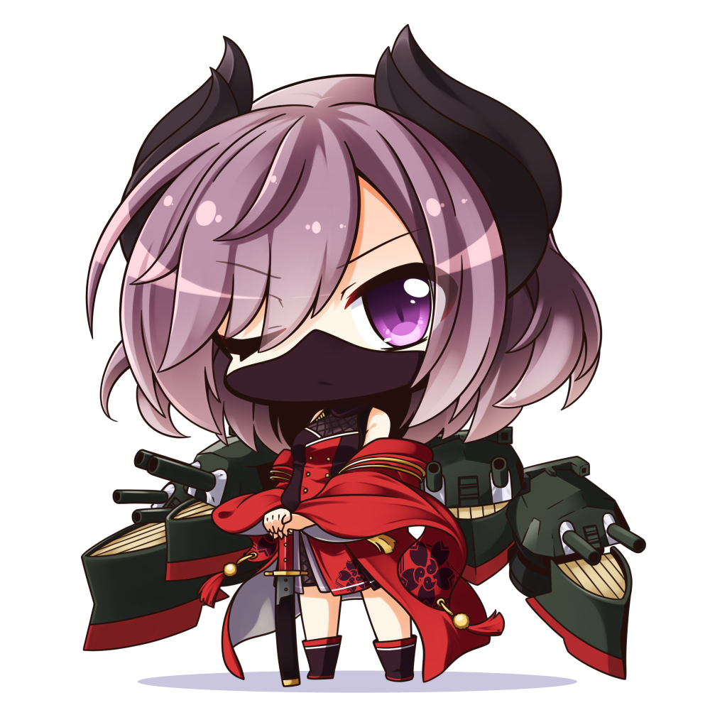 azur_lane bangs black_footwear boots chibi commentary_request curled_horns dress eyebrows_visible_through_hair face_mask hair_between_eyes hands_on_hilt horns japanese_clothes katana kimono kirishima_(azur_lane) long_hair long_sleeves looking_at_viewer mask ninja ninja_mask off_shoulder one_eye_closed own_hands_together purple_eyes purple_hair red_dress red_kimono shachoo. sheath sheathed simple_background solo standing sword weapon white_background wide_sleeves