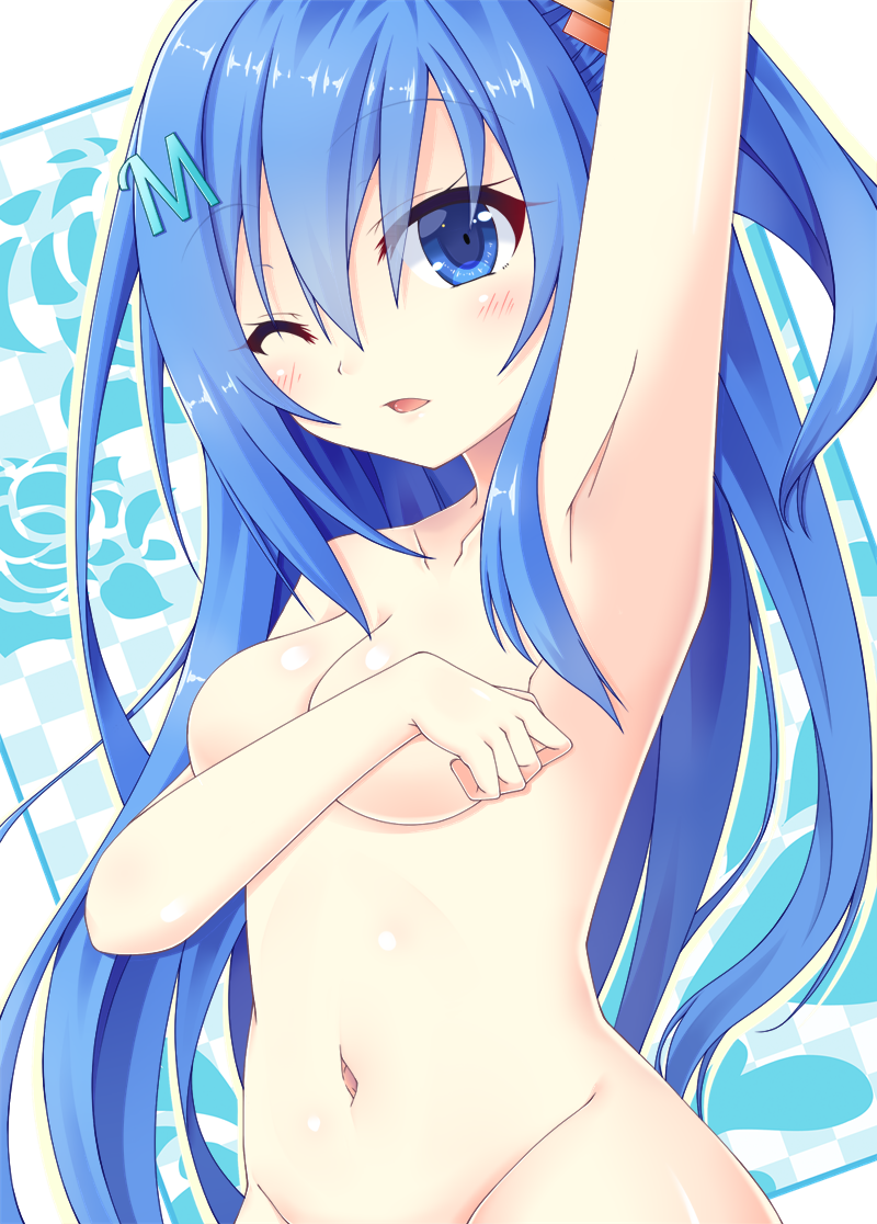 arm_up armpits bangs blue_eyes blue_hair blush breast_hold breasts checkered cleavage collarbone commentary_request covering covering_breasts emori_miku emori_miku_project eyebrows_visible_through_hair groin hair_between_eyes hair_ornament long_hair looking_at_viewer medium_breasts navel noname_(reticulian) nude one_eye_closed one_side_up out-of-frame_censoring parted_lips solo very_long_hair