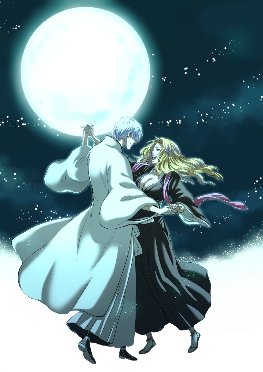 1girl :d black_kimono bleach blonde_hair breasts cleavage cloud collarbone couple dancing floating_hair from_side full_moon haori hetero highres holding_hands ichimaru_gin interlocked_fingers japanese_clothes ki_(pixiv239687) kimono large_breasts long_hair matsumoto_rangiku moon night open_mouth silver_hair sky smile taichou_haori