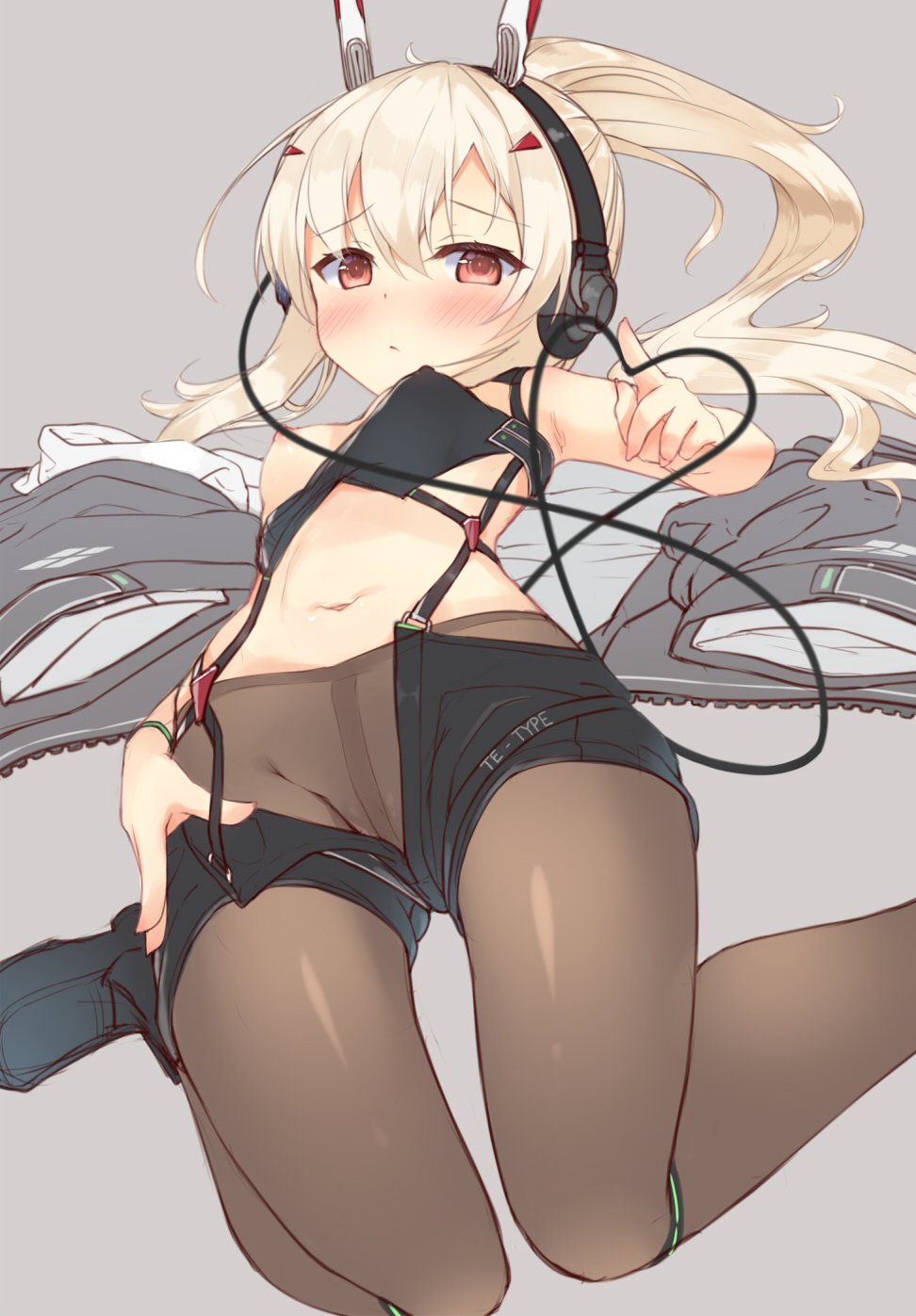 ayanami_(azur_lane) azur_lane blonde_hair blush breasts brown_legwear clothes_removed commentary_request covered_nipples fujieda_uzuki grey_background headset highres long_hair looking_at_viewer lying navel no_panties on_back one_breast_out pantyhose pantyhose_under_shorts ponytail red_eyes shorts shorts_pull small_breasts solo stomach suspenders