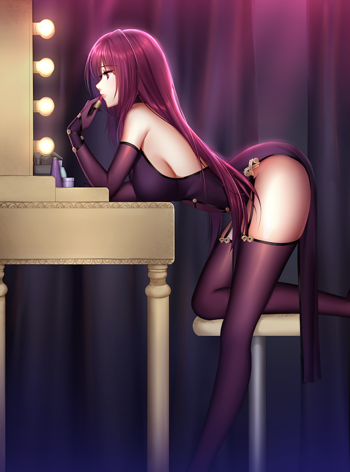 applying_makeup ass bangs bare_shoulders breasts commentary dress elbow_gloves eyebrows_visible_through_hair fate/grand_order fate_(series) feet_out_of_frame from_side garter_straps gloves hair_between_eyes hair_intakes hips holding large_breasts leaning_forward legs lipstick lipstick_tube long_hair long_legs looking_away makeup mallizmora one_knee parted_lips pelvic_curtain profile purple_dress purple_gloves purple_hair purple_legwear red_eyes scathach_(fate)_(all) scathach_(fate/grand_order) sideboob sleeveless sleeveless_dress solo stool thighhighs thighs very_long_hair