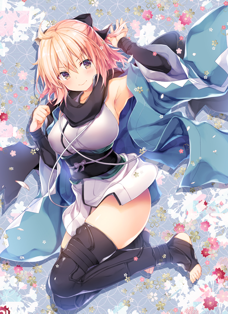 ahoge arm_guards arm_up armpits bangs banned_artist black_bow black_legwear black_sash black_scarf blonde_hair blue_kimono blush bow breasts closed_mouth commentary_request covered_nipples eyebrows_visible_through_hair fate/grand_order fate_(series) floral_background full_body hair_bow japanese_clothes jumping kimono konomi_(kino_konomi) large_breasts no_panties obi off_shoulder okita_souji_(fate) okita_souji_(fate)_(all) sash scarf short_hair solo thighhighs toeless_legwear wide_sleeves yellow_eyes