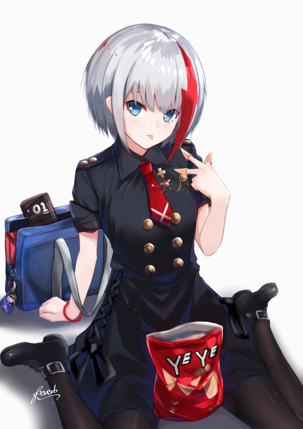 admiral_graf_spee_(azur_lane) arm_support artist_name azur_lane bag bangs bee_doushi black_dress black_footwear black_legwear blue_eyes breasts bugles closed_mouth collared_dress commentary_request dress eyebrows_visible_through_hair food food_on_finger grey_background hair_between_eyes hand_up head_tilt highres looking_at_viewer multicolored_hair necktie pantyhose red_hair red_neckwear shoes short_necktie short_sleeves signature silver_hair sitting small_breasts solo streaked_hair wariza