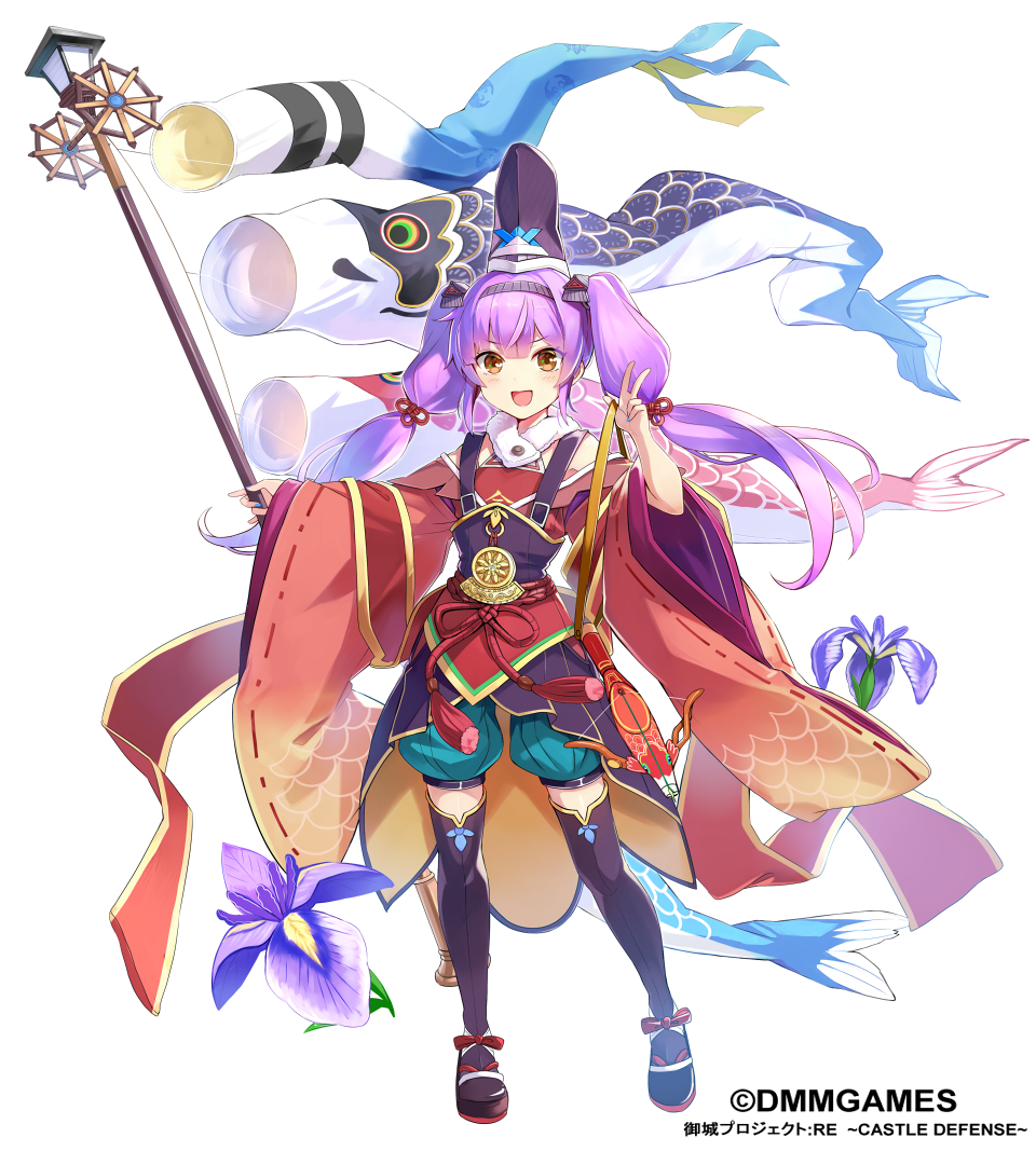 :d black_legwear brown_eyes copyright_name emerane full_body hairband japanese_clothes koinobori long_hair official_art open_mouth orchid oshiro_project oshiro_project_re purple_hair smile solo standing taga_(oshiro_project) twintails v watermark wide_sleeves