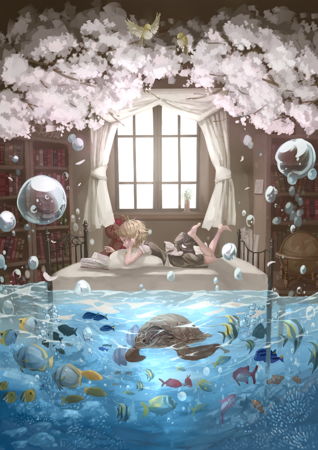 air_bubble animal apron barefoot bed bird black_hat black_skirt blonde_hair book bookshelf bow bubble commentary curtains fish flood globe hat hat_bow hat_removed headwear_removed highres indoors kirisame_marisa lying nagi_(xx001122) on_bed on_stomach pillow plant potted_plant puffy_short_sleeves puffy_sleeves reading short_sleeves skirt smile solo stuffed_animal stuffed_toy teddy_bear the_pose touhou turtle waist_apron water white_bow white_pillow window witch_hat