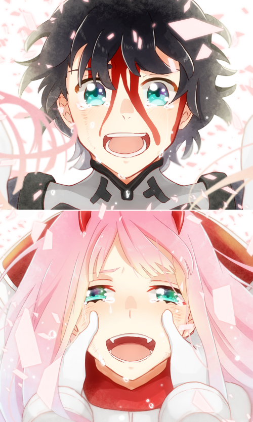 1girl bangs black_hair blood blood_on_face bodysuit couple crying crying_with_eyes_open darling_in_the_franxx gloves green_eyes happy hetero hiro_(darling_in_the_franxx) horns long_hair open_mouth pilot_suit pink_hair red_bodysuit short_hair smile tears temaroppu_(ppp_10cc) zero_two_(darling_in_the_franxx)